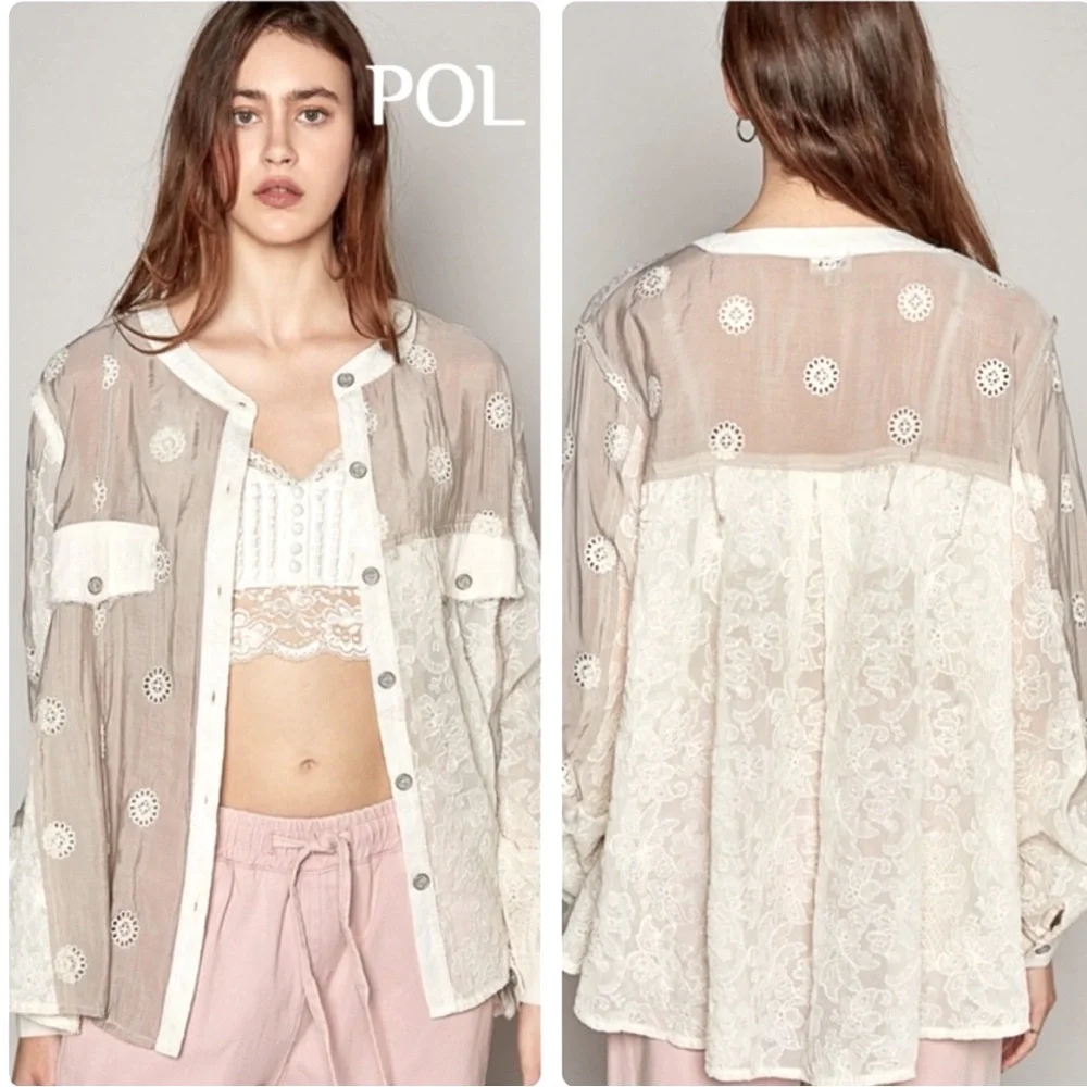 POL Eyelet Lace Button-Up Blouse - - Picture 1 of 9